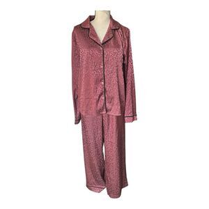 BCBGMAXAZRIA Leopard Satin Pajama Set L Rosy Pink Luxe Long Sleeve Wide Leg